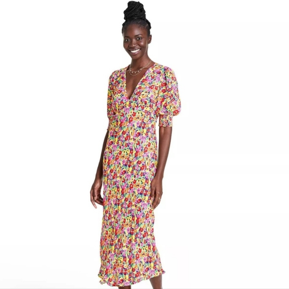 Rixo For Target Floral V-Neck Puff Sleeve Midi Dress - Multicolor Size 4